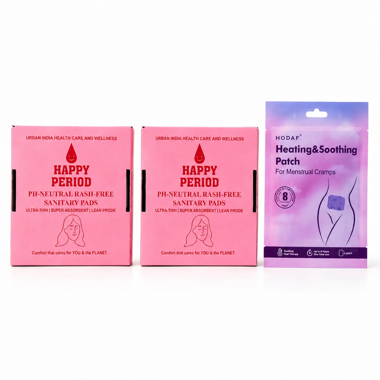 Happy Period Comfort Combo – 2 Packs of Sanitary Pads + 1 Heating Patch