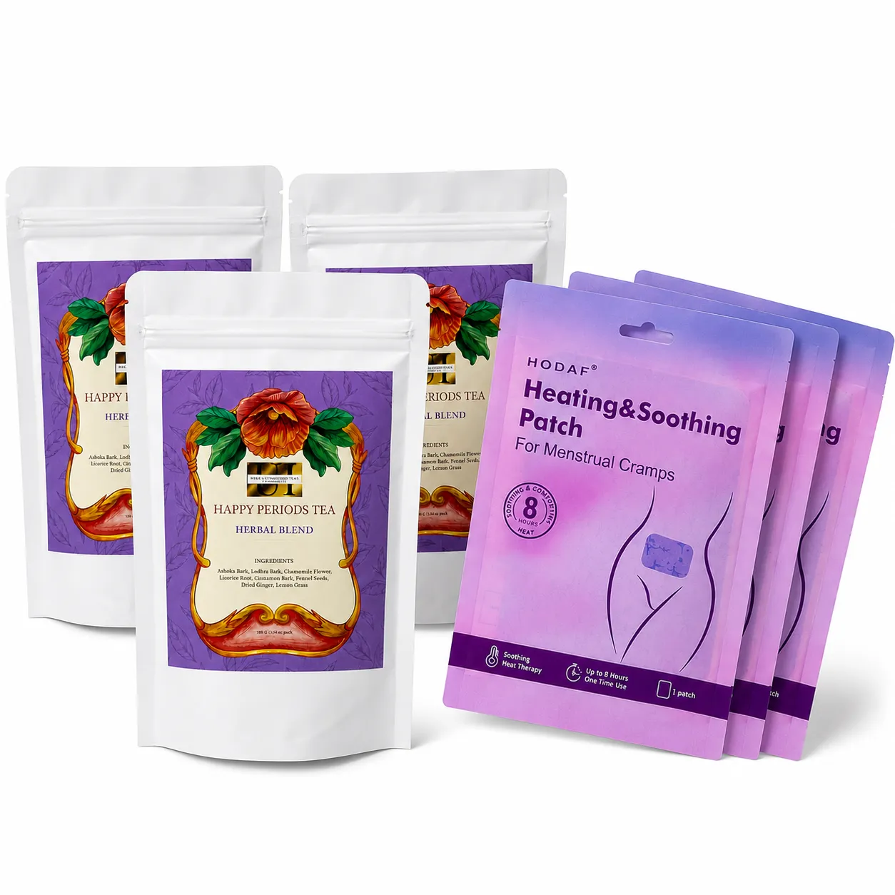 Happy Period Wellness Combo – 3 Herbal Teas + 3 Heating Patches